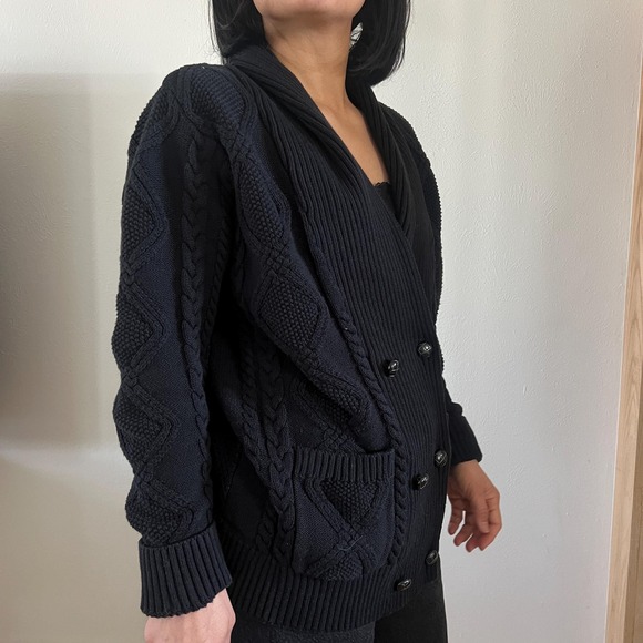 90s black grandpa sweater button down shawl collar cable knit cardigan large - Picture 7 of 13